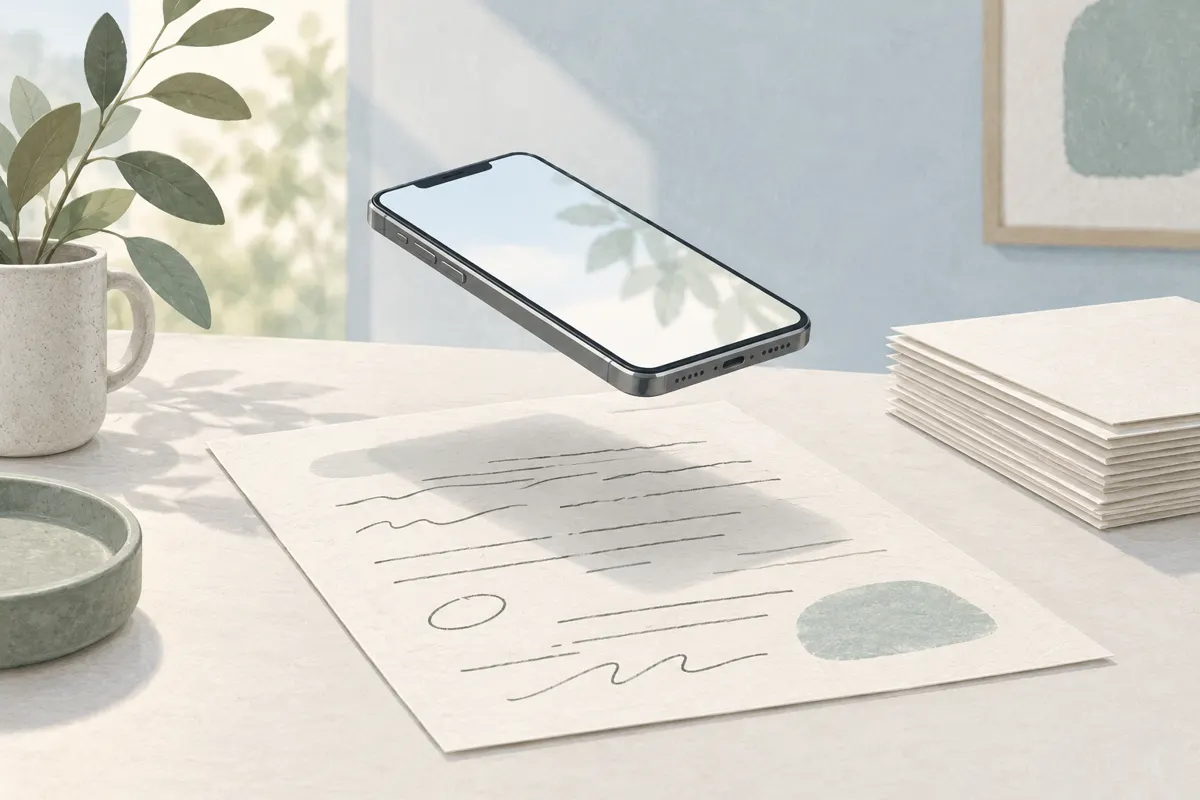 Ilustracja telefonu skanującego papierowe notatki na biurku