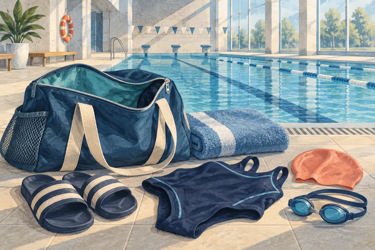 Ilustracja torby i podstawowych rzeczy potrzebnych na kryty basen.